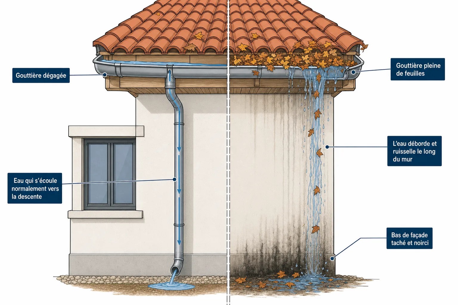 Comparaison d'une gouttière dégagée et d'une gouttière pleine de feuilles qui déborde sur la façade