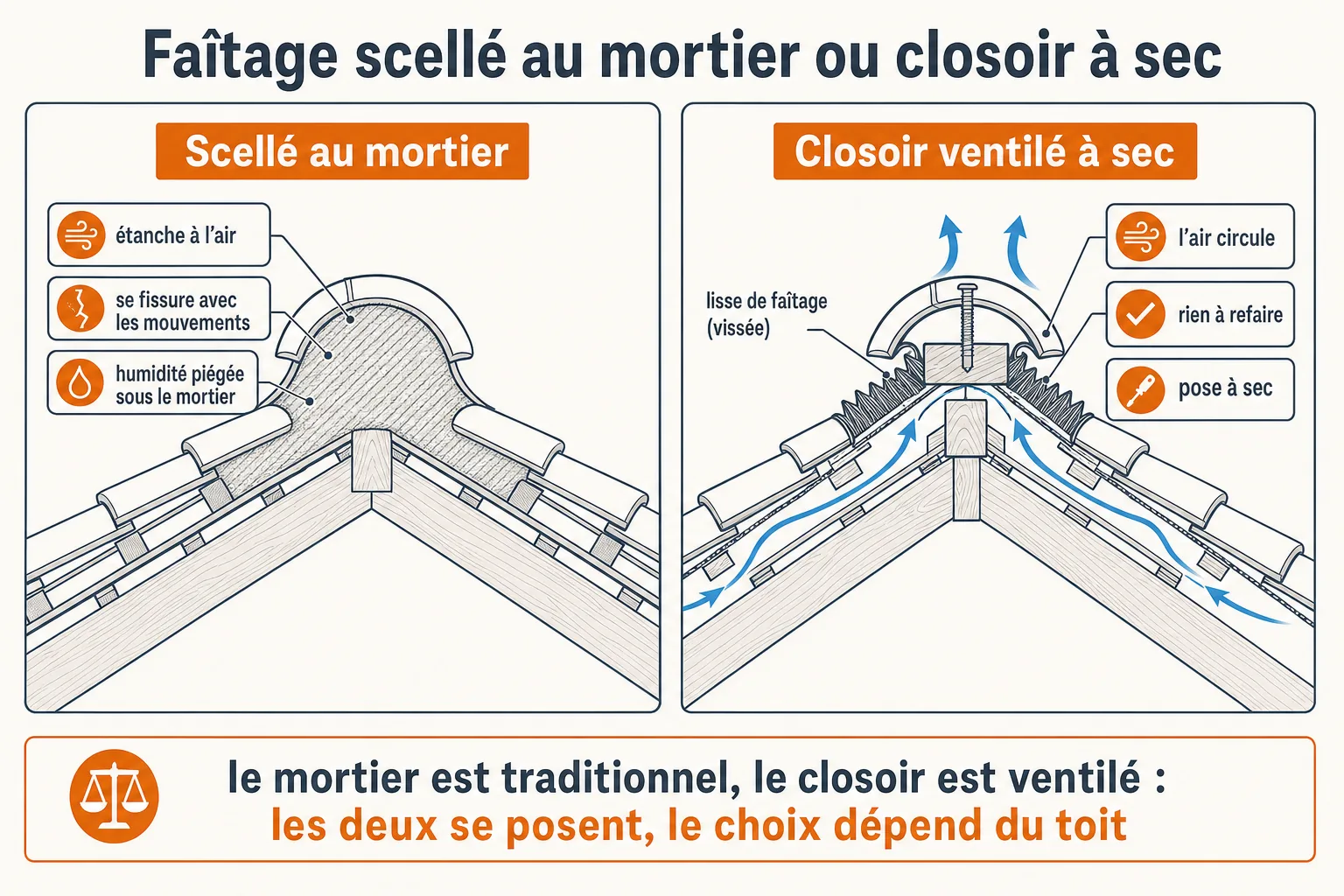 Infographie : Faîtage au mortier ou closoir à sec : lequel choisir dans le Loiret