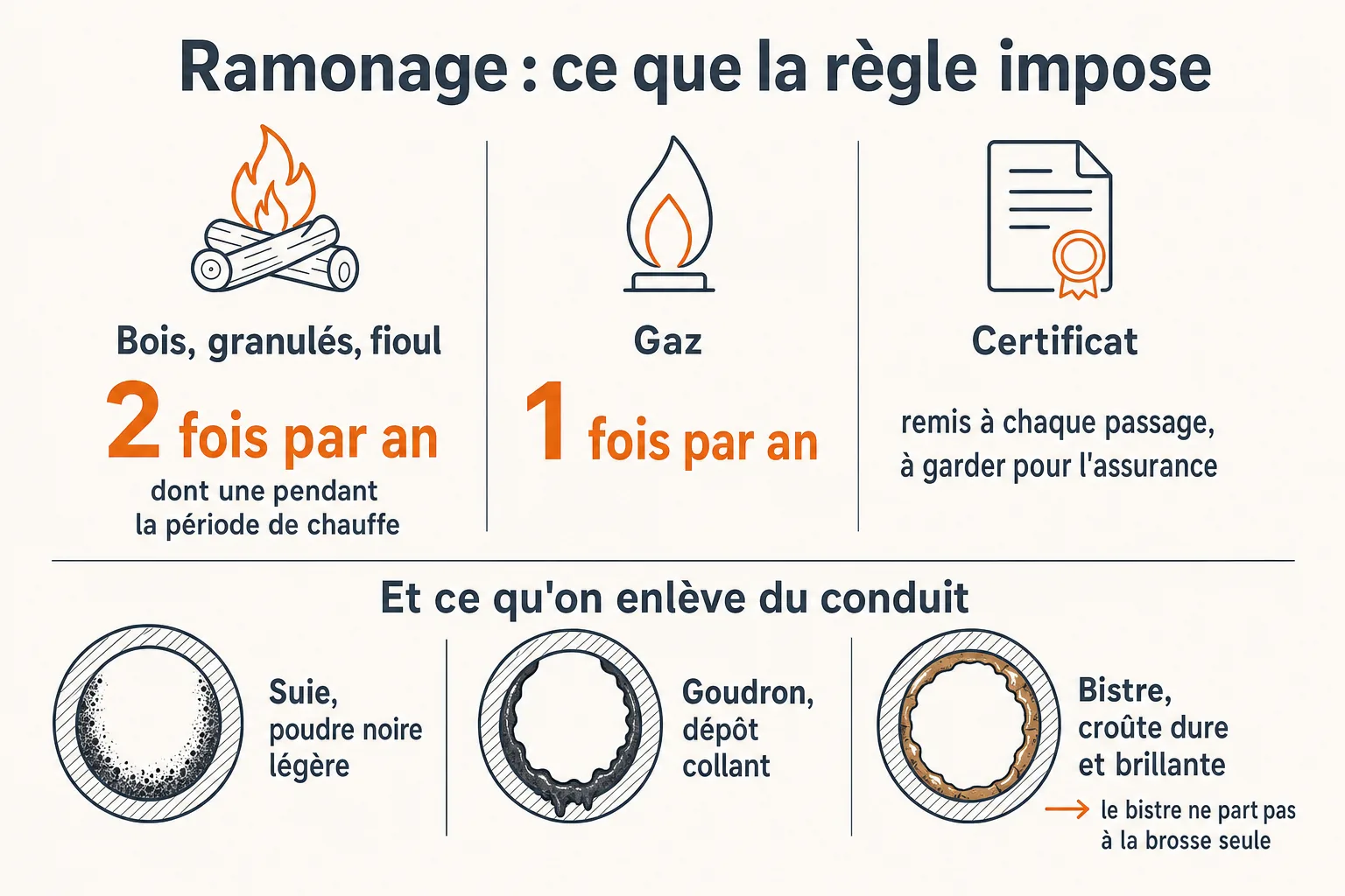 Infographie : Ramonage de cheminée dans le Loiret : fréquence, certificat, et ce qu'on trouve vraiment dans un conduit