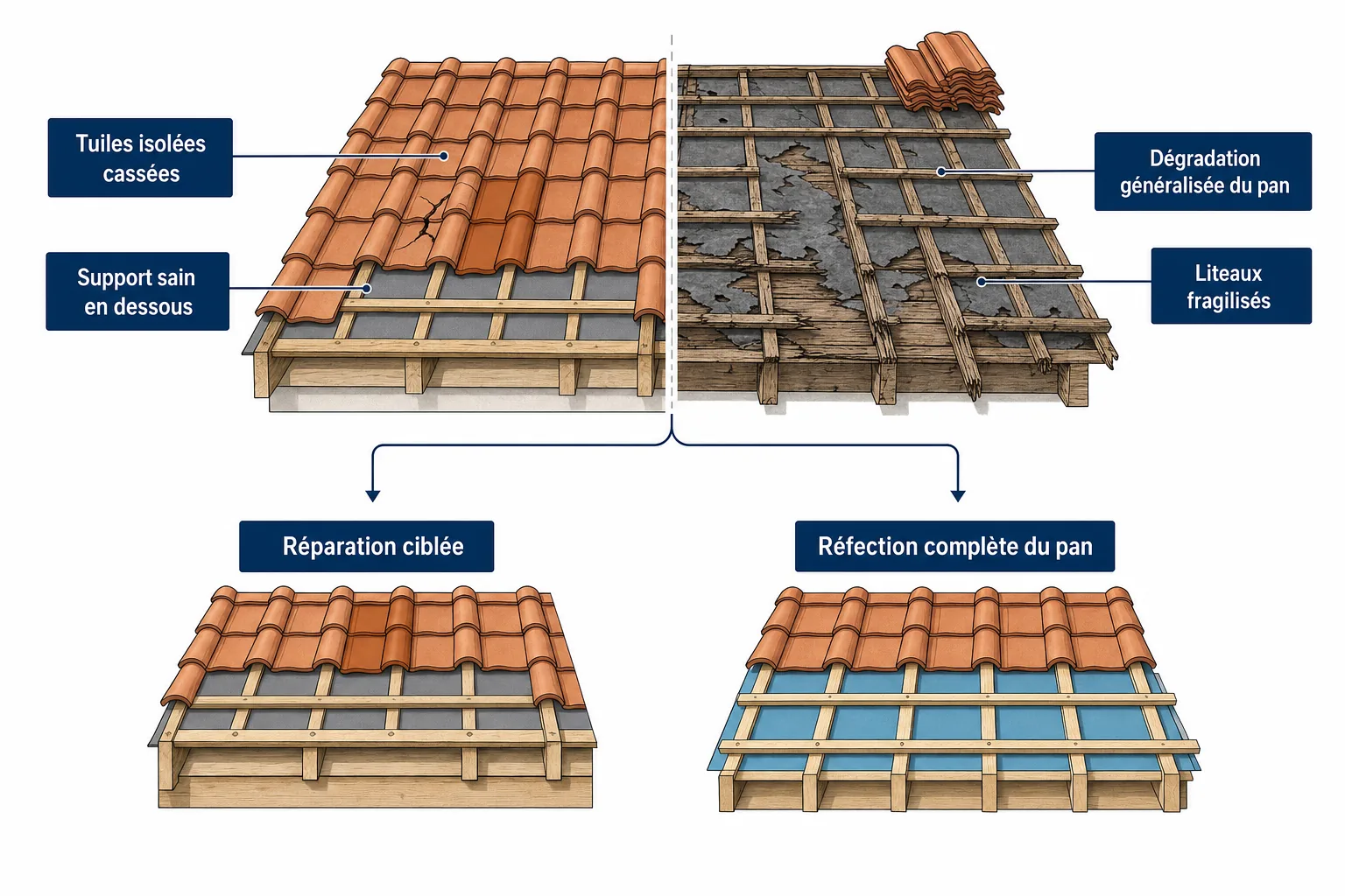 Schéma comparant une réparation localisée et une réfection complète sur deux pans de toiture différents