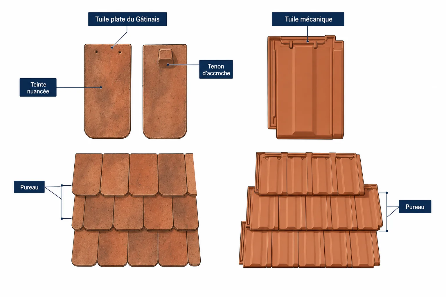 Schéma comparatif d'une tuile plate ancienne du Gâtinais et d'une tuile mécanique, avec le tenon d'accroche, le pureau et la teinte nuancée